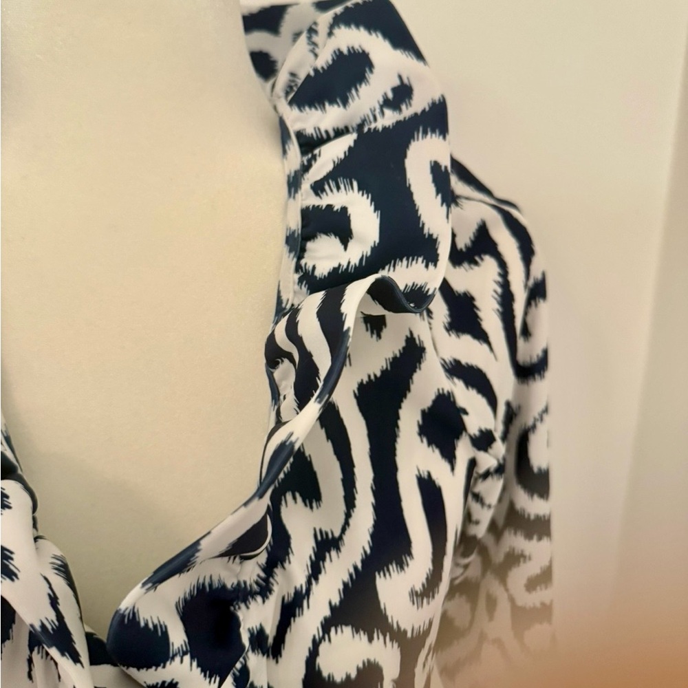Gretchen Scott Designs Navy White Ikat Ruffleneck Jersey Dress Sz Sm. 3/4 Sleeve - Picture 5 of 6